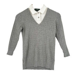 Ralph Lauren Women Cable Knit 2-In-1 Sweater Polo Small Tennis Old Money Varsity